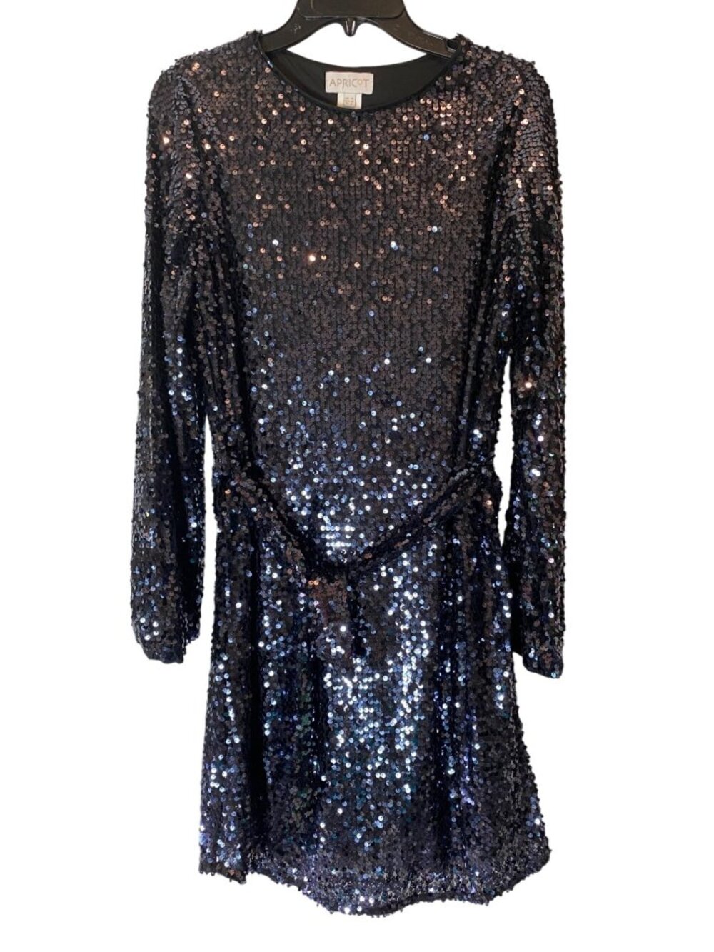 Apricot Black Sequin Mini Dress With Belt Long Sleeve Size 8